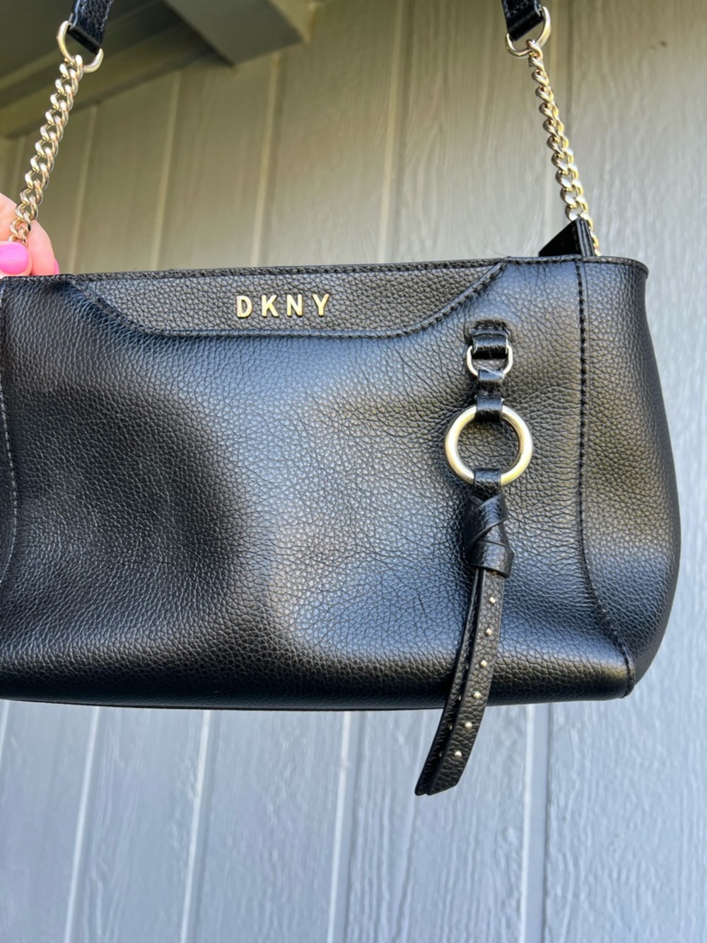 DKNY black leather mini shoulder purse gold hardware adj bag Y2K style